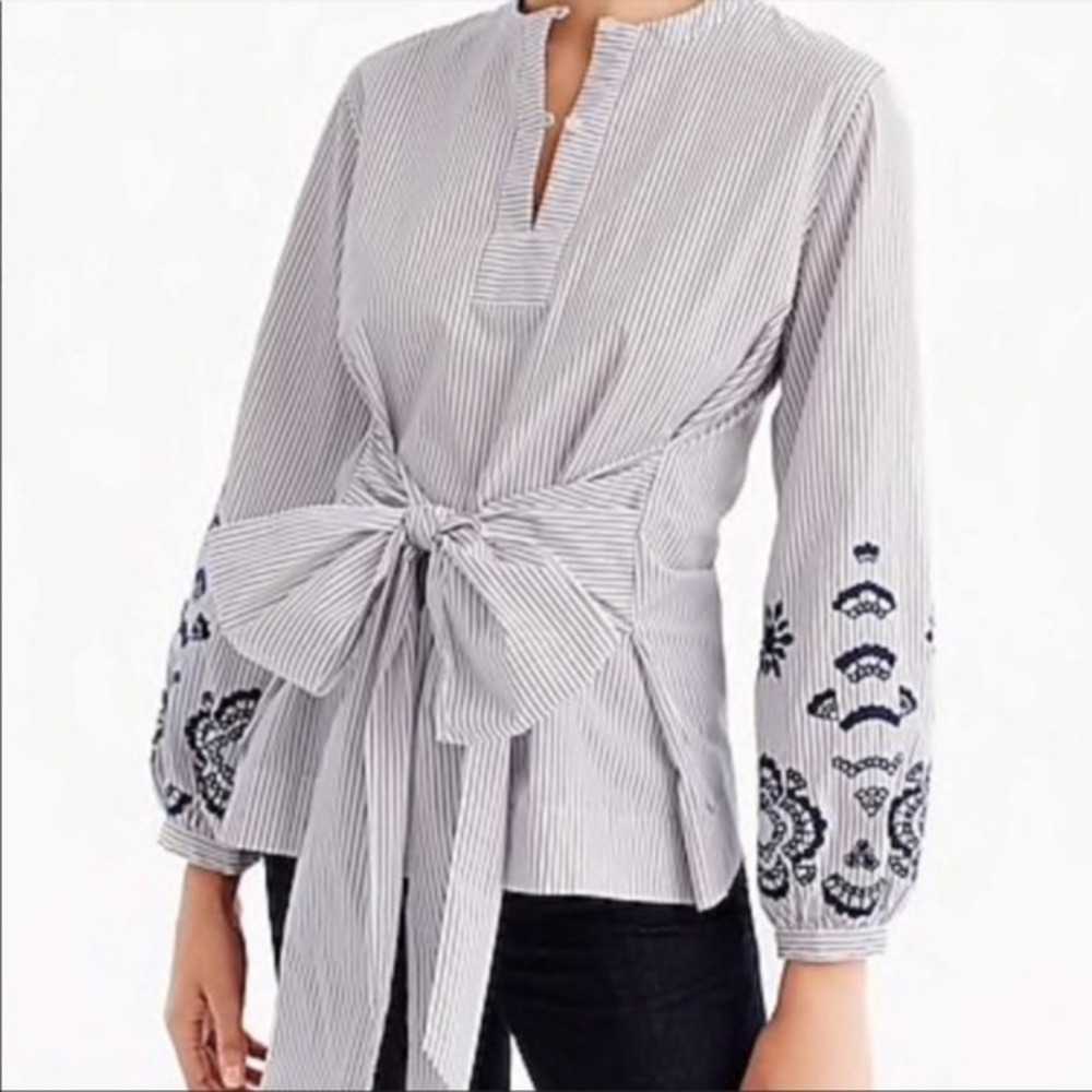 J. Crew Striped Embroidered Tie Front Blouse Top Size small
